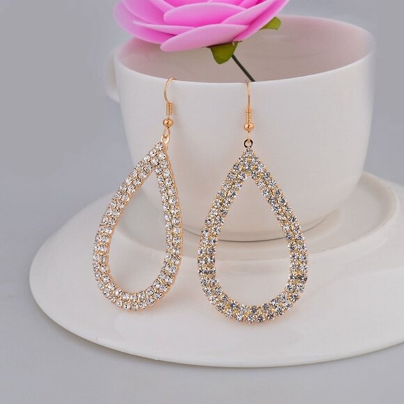 3/$35 Glam Oval Drop Dangle Rhinestones Earrings Gold Tone Diamond Bling Jewelry - Picture 1 of 7